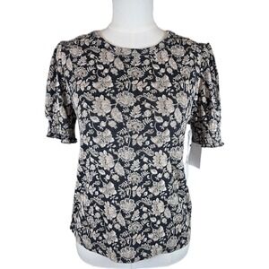 Lucky Brand Black & Tan Floral Puff Sleeve Knit Short Sleeve Top